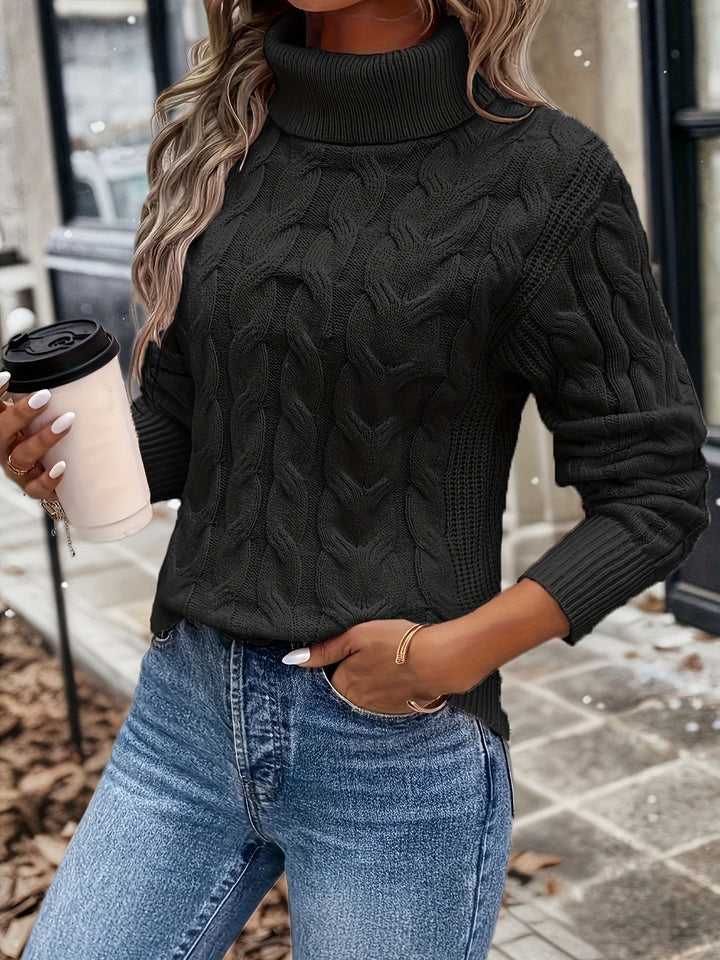 Stylish women's turtleneck sweater with cable knit detail, perfect for elegant winter fashion.