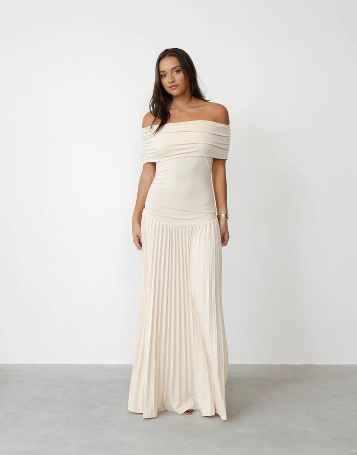 Elegant Women's Cream Off-Shoulder Pleated Maxi Wedding Guest Dress.