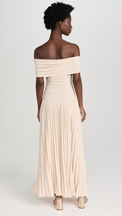 Elegant Navy Off-Shoulder Pleated Maxi Dress for Women's Formal Evening Gowns.