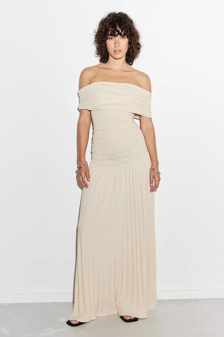 Navy Formal Off-Shoulder Pleated Maxi Dress, ideal for any special occasion.