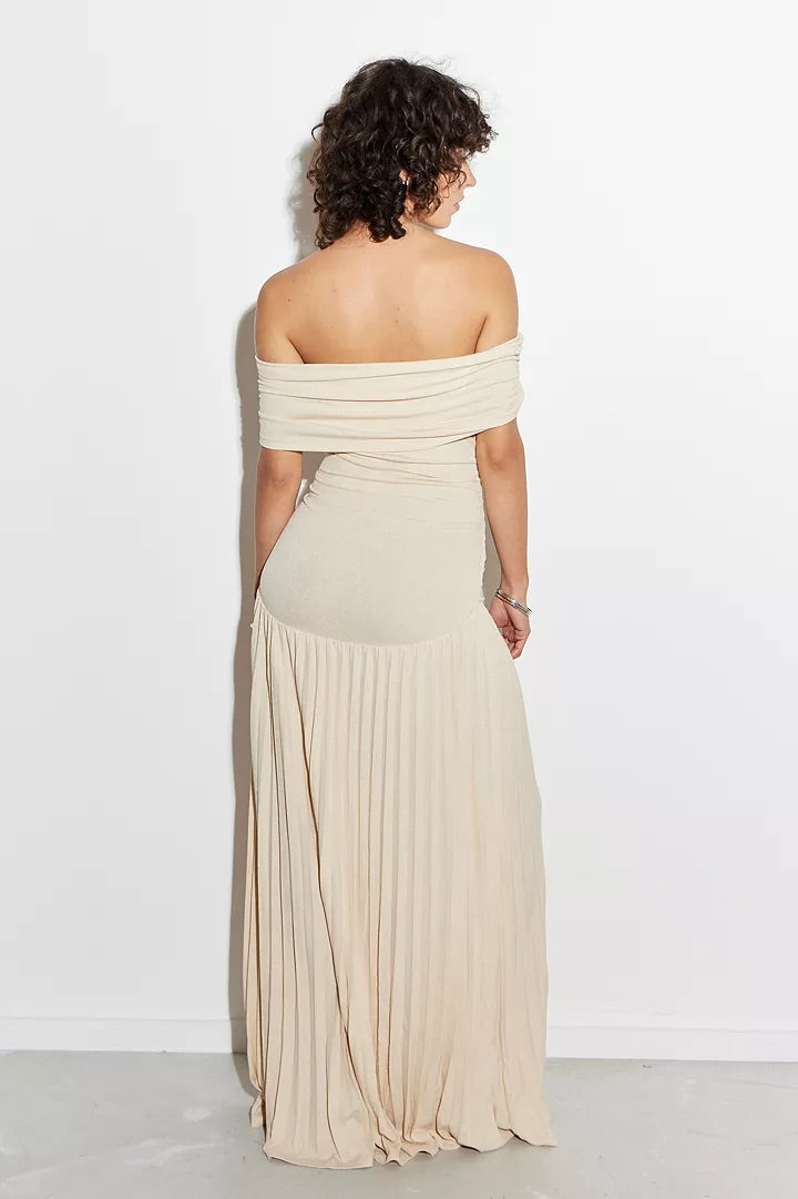 Women's Elegant Cream Off-Shoulder Pleated Maxi Wedding Guest Gown.