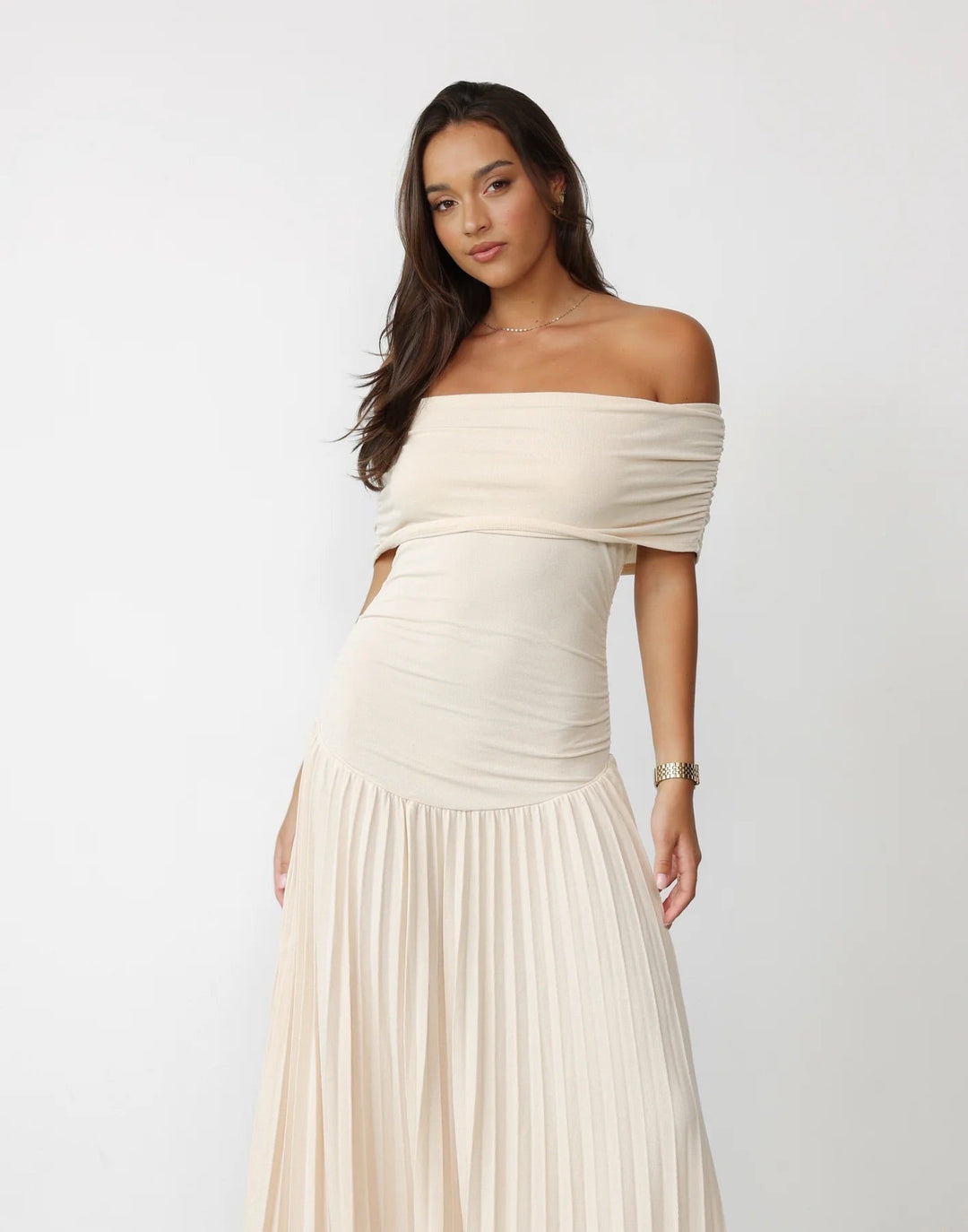 Flowy Sky Blue Off-Shoulder Pleated Maxi Dress, perfect for formal parties.