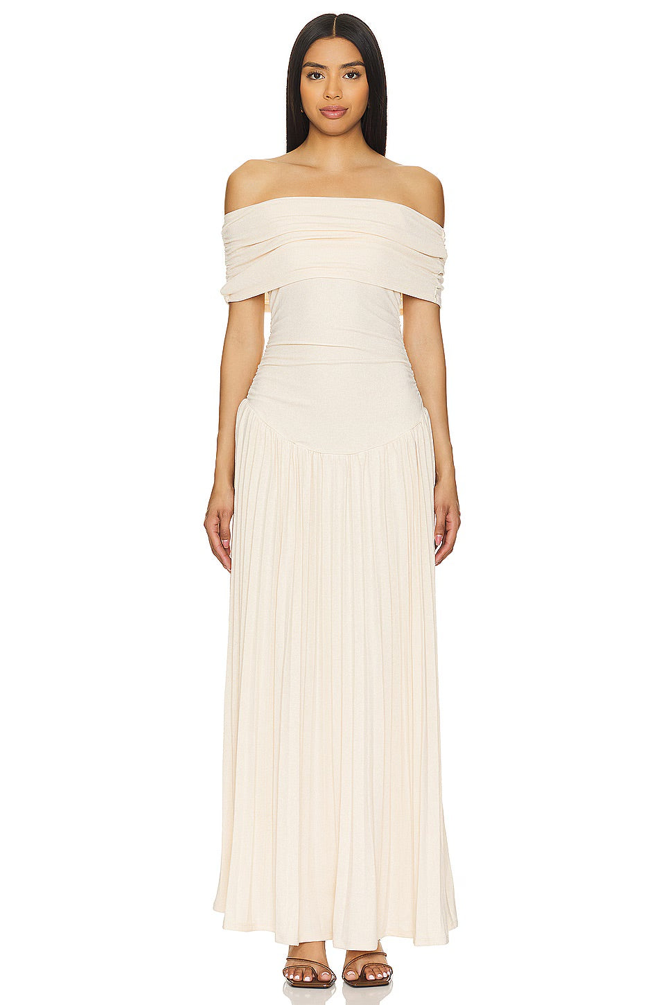 Chic Navy Off-Shoulder Pleated Maxi Dress, a versatile women's evening gown.