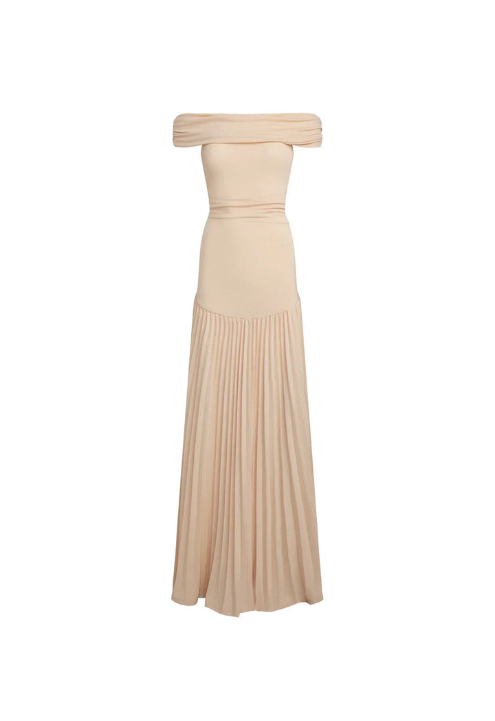 Navy Off-Shoulder Pleated Maxi Dress, a stylish choice for special occasions.