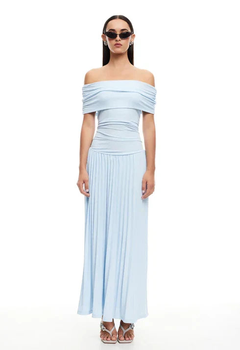 Flowy Sky Blue Off-Shoulder Pleated Maxi Dress for Wedding Guests & Parties.