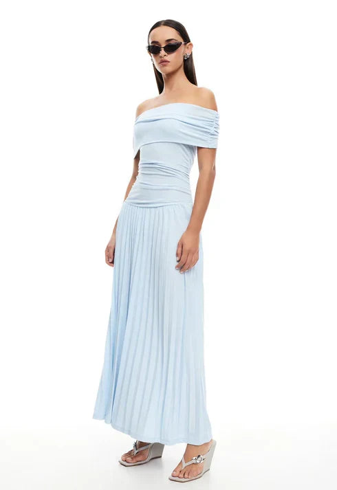 Women's Elegant Off-Shoulder Pleated Maxi Wedding Guest Dress in Cream.