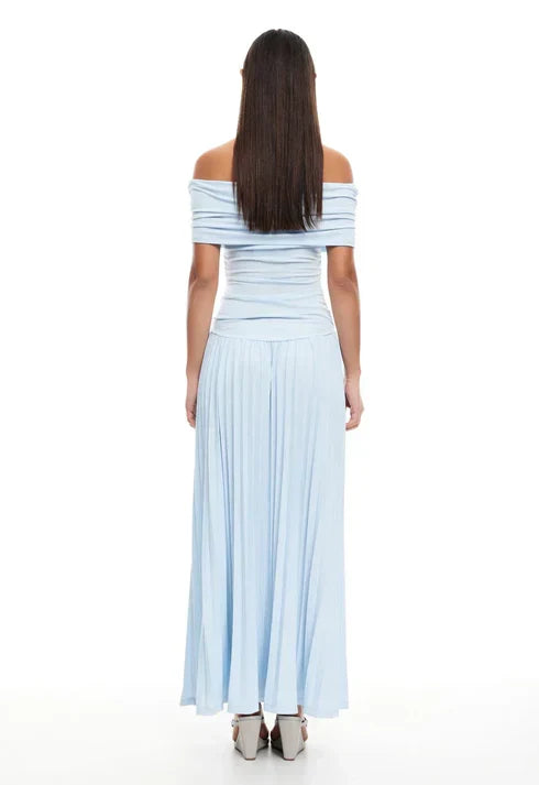 Flowy Sky Blue Off-Shoulder Pleated Maxi Dress, perfect for summer weddings.
