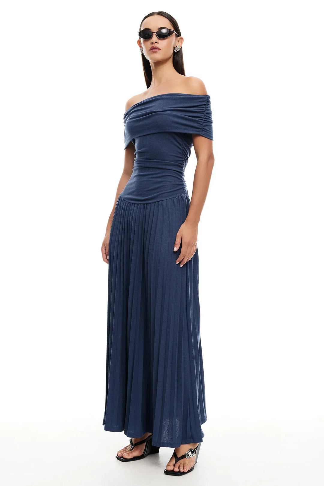 Navy Off-Shoulder Pleated Maxi Formal Dress, an elegant evening wear option.