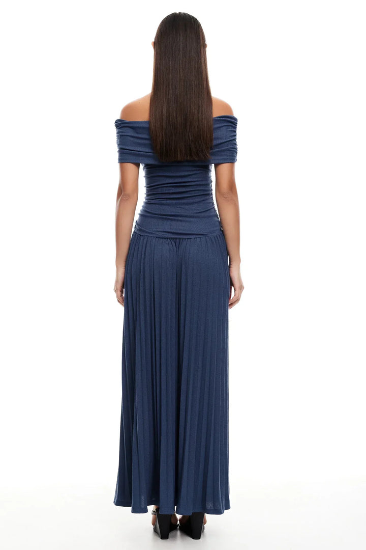 Cream Off-Shoulder Pleated Maxi Dress for Wedding Guests, elegant and chic.