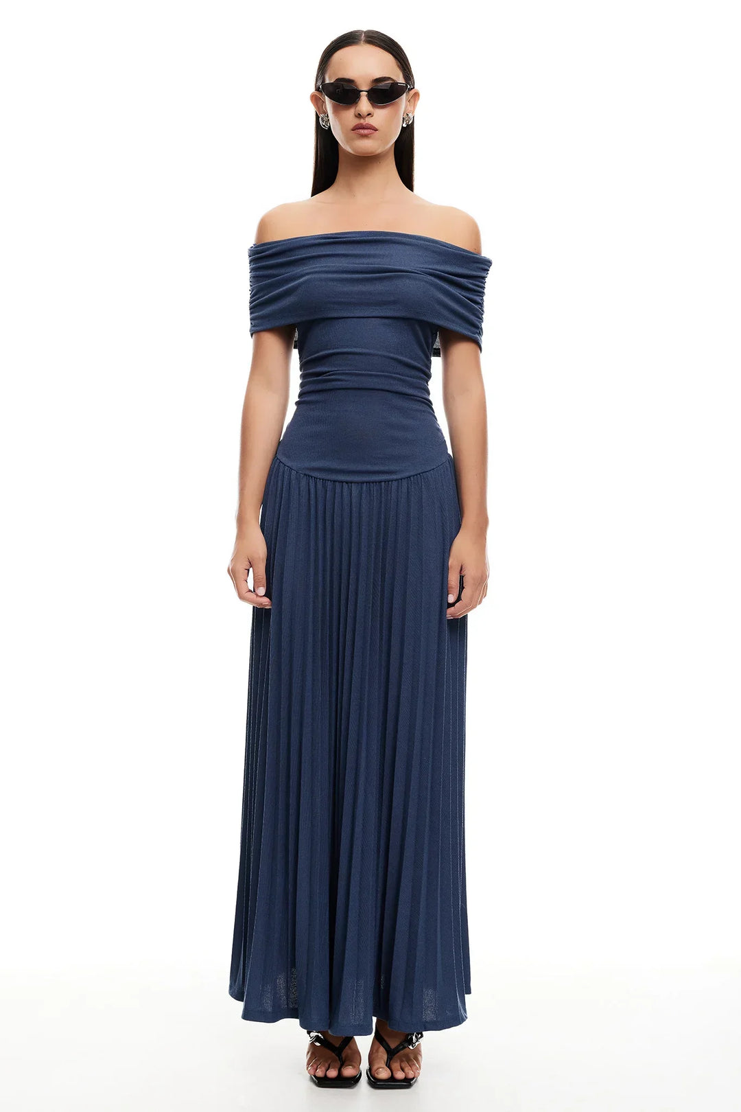 Sky Blue Off-Shoulder Pleated Maxi Special Occasion Dress, a stunning formal look.
