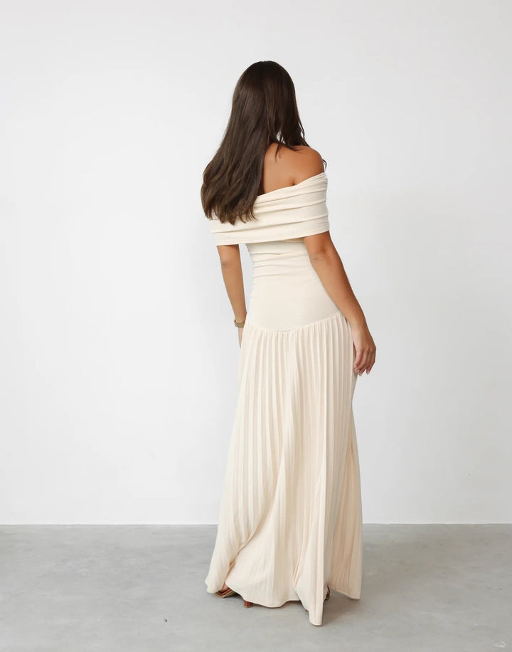 Formal Cream Off-Shoulder Pleated Maxi Evening Gown for Wedding Guest Attire.