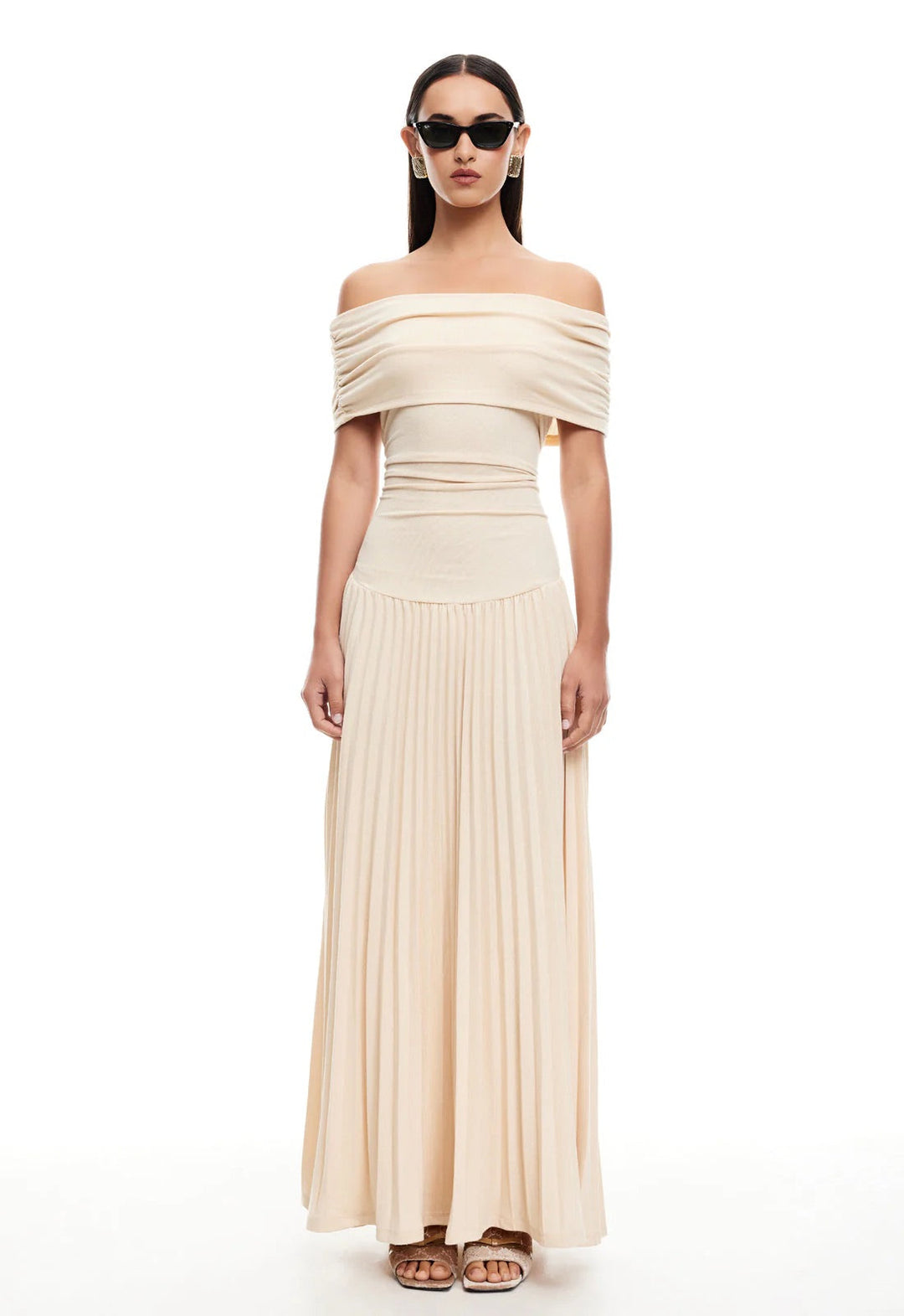 Stylish Sky Blue Off-Shoulder Pleated Maxi Dress, ideal for formal events.