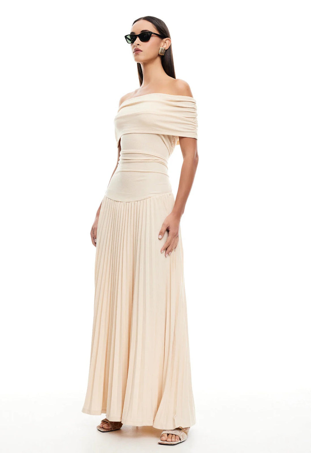 Navy Elegant Off-Shoulder Pleated Maxi Dress, a stunning women's formal wear choice.
