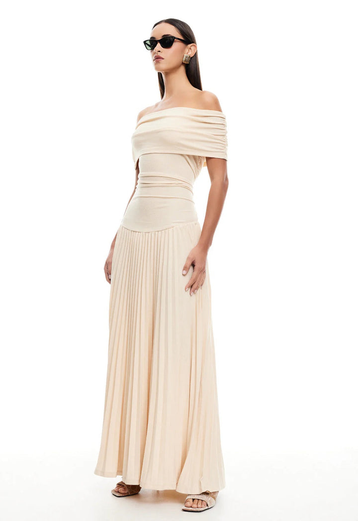 Navy Elegant Off-Shoulder Pleated Maxi Dress, a stunning women's formal wear choice.