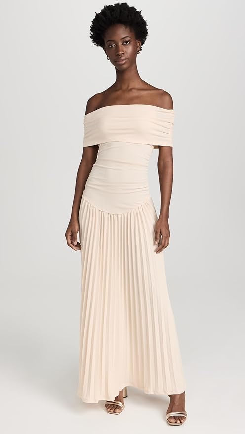 Off-Shoulder Pleated Maxi Wedding Guest Dress in beautiful Sky Blue hue.