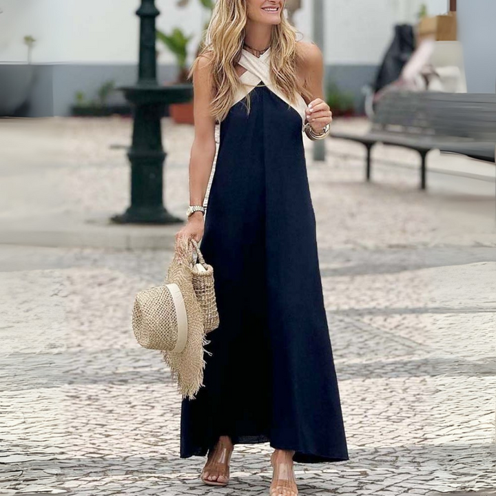 Casual yet elegant women's summer dress with a cross-neck design, great for everyday wear.