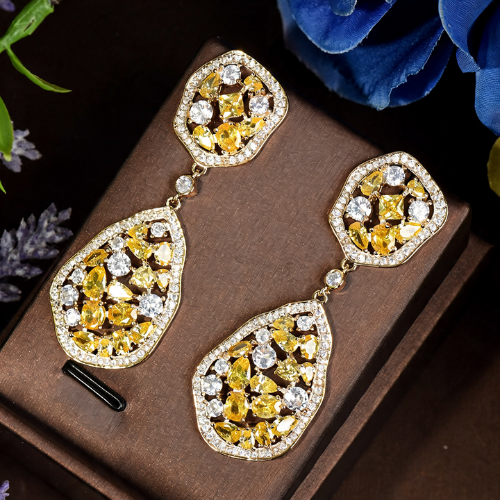 Women's elegant crystal drop dangle earrings, sparkling and glamorous statement jewelry.