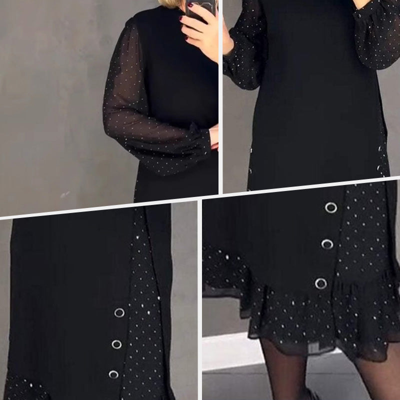 Chic women's evening gown with crystal embellishments and a round neck, ideal for special events.