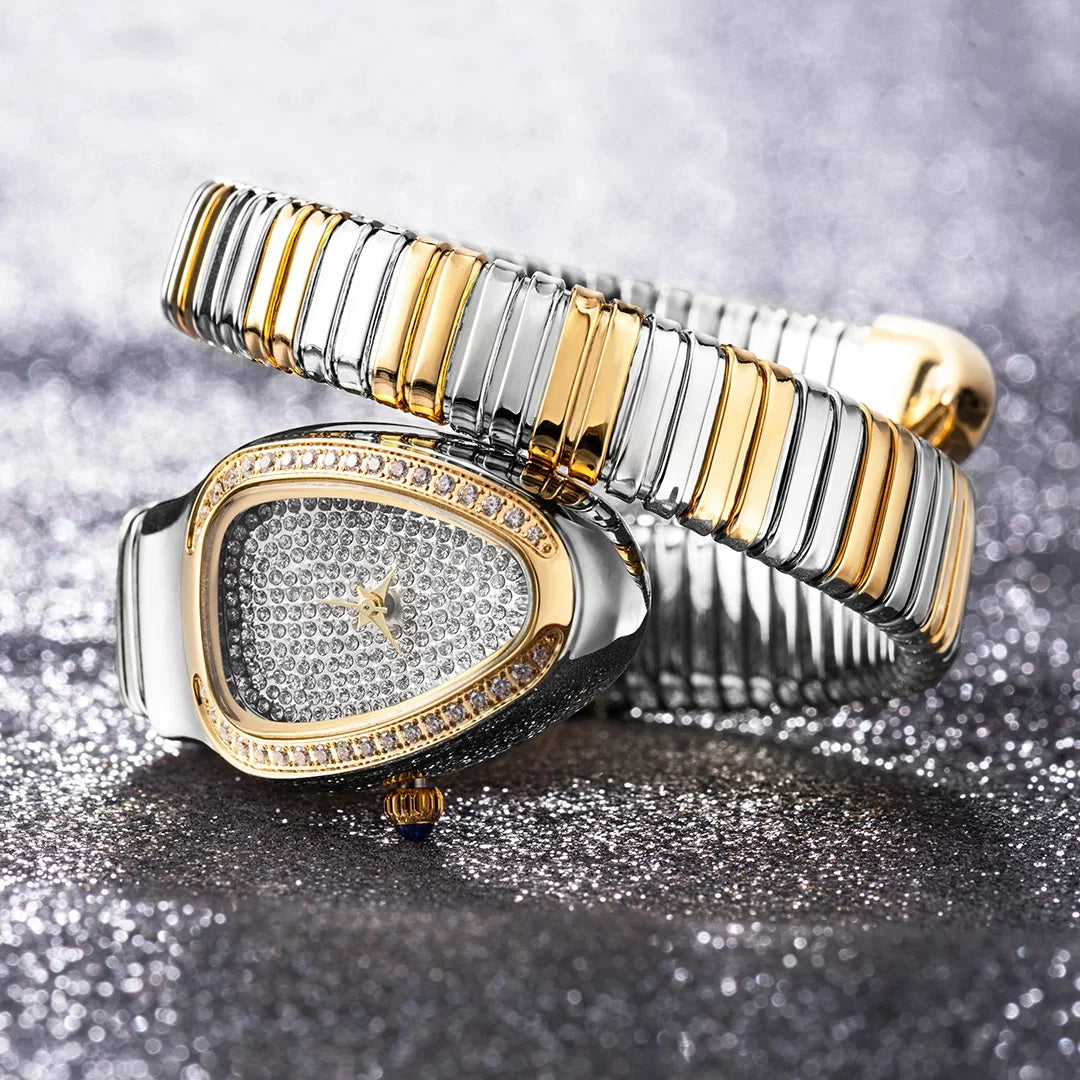 Durable stainless steel women's wraparound watch with sparkling crystals, a luxurious fashion accessory.