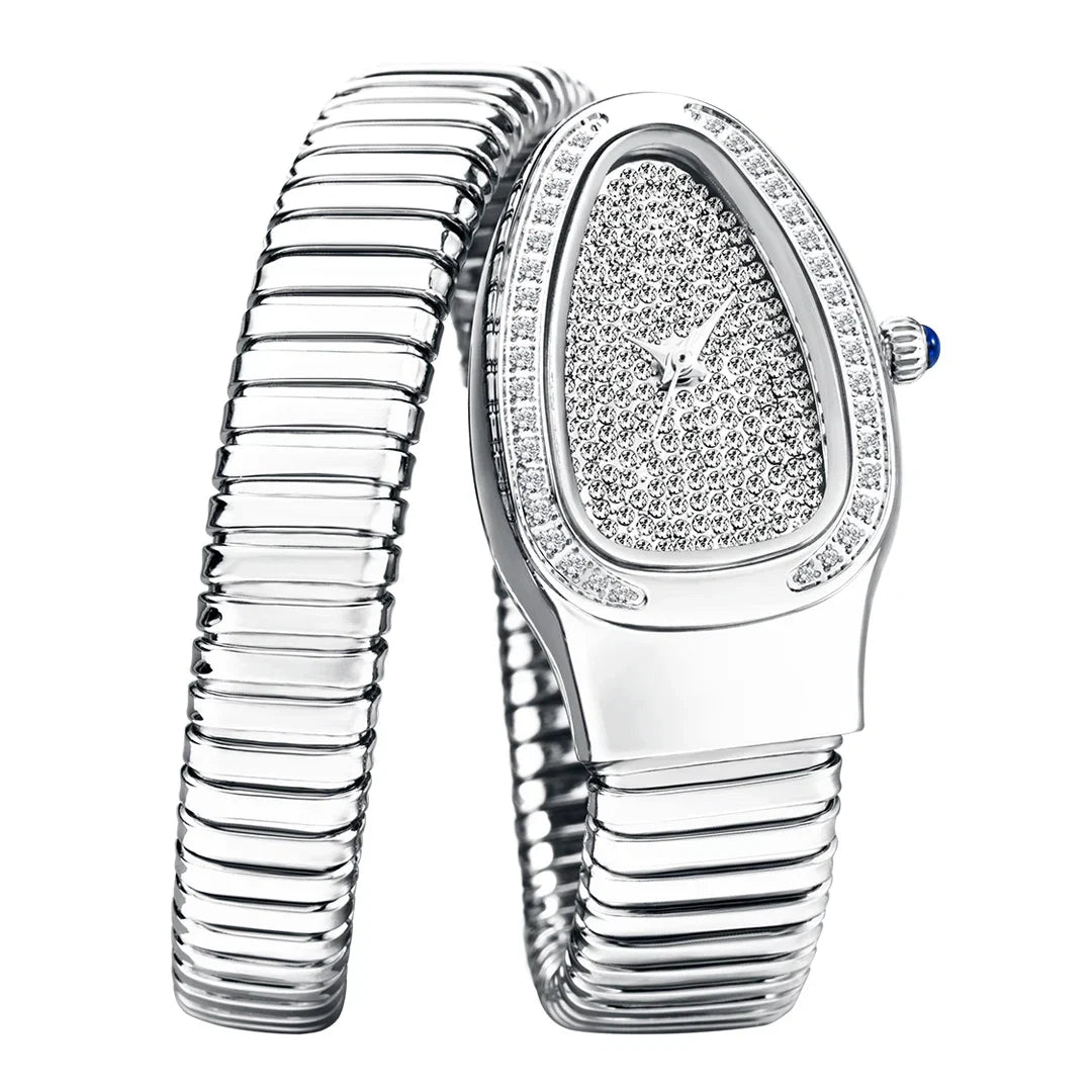Modern women's stainless steel wraparound watch with shimmering crystals, a sophisticated fashion timepiece.