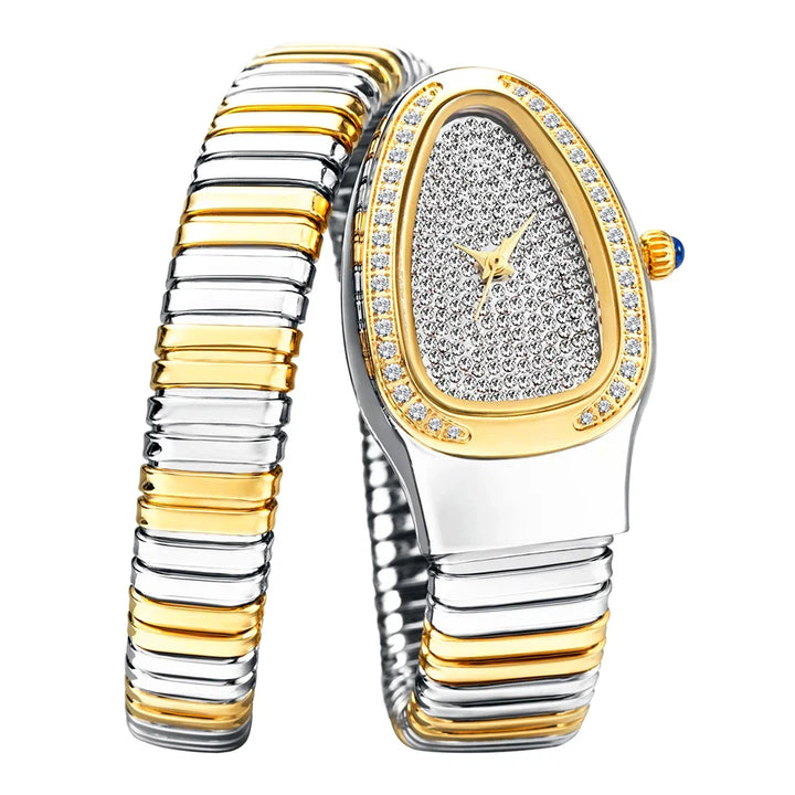 Close-up of women's crystal wraparound watch, highlighting its sparkling crystals and elegant stainless steel band.
