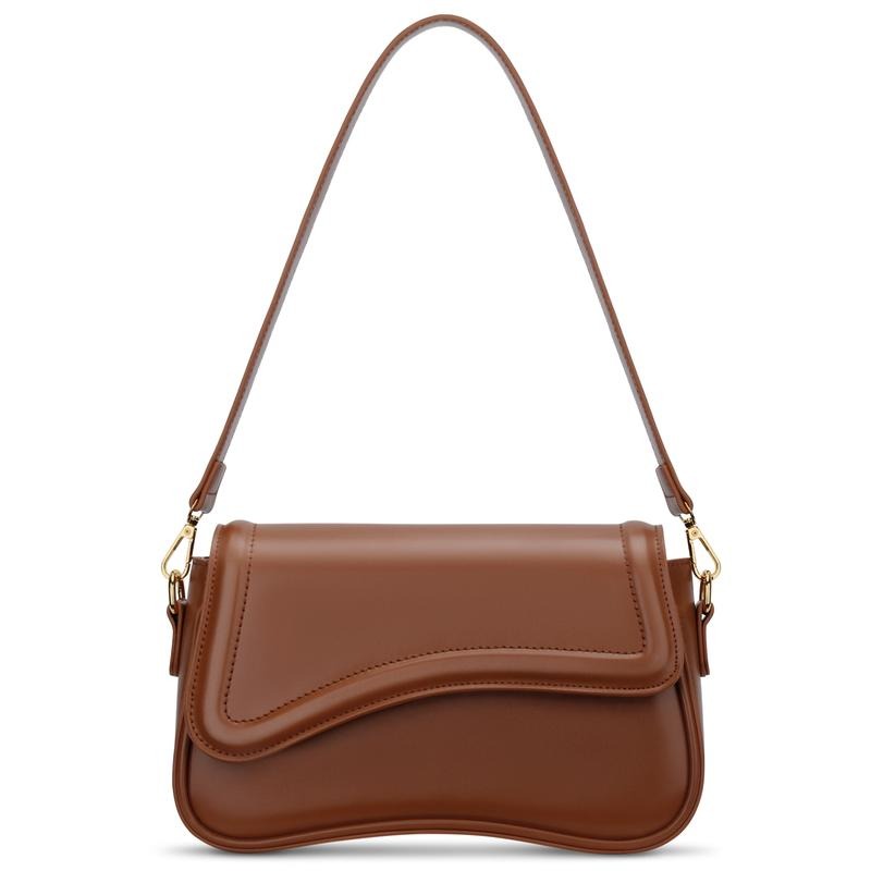 Sophisticated women's vegan leather shoulder bag with a distinct curved flap design. Elegant fashion.