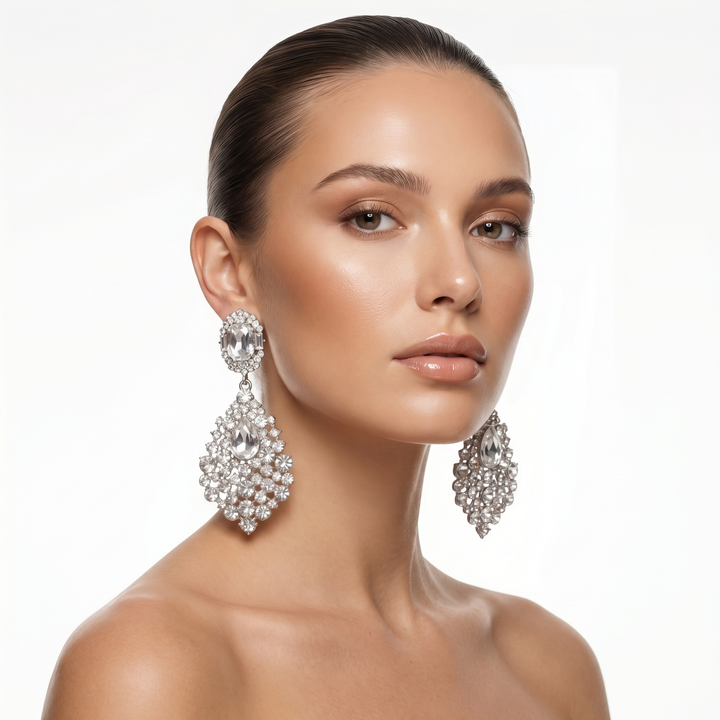 Elegant women's dazzling rhinestone drop earrings, perfect for formal wear or a party.