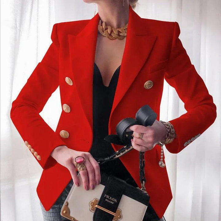Sophisticated white women's double-breasted blazer. Perfect elegant jacket for business meetings & stylish attire.