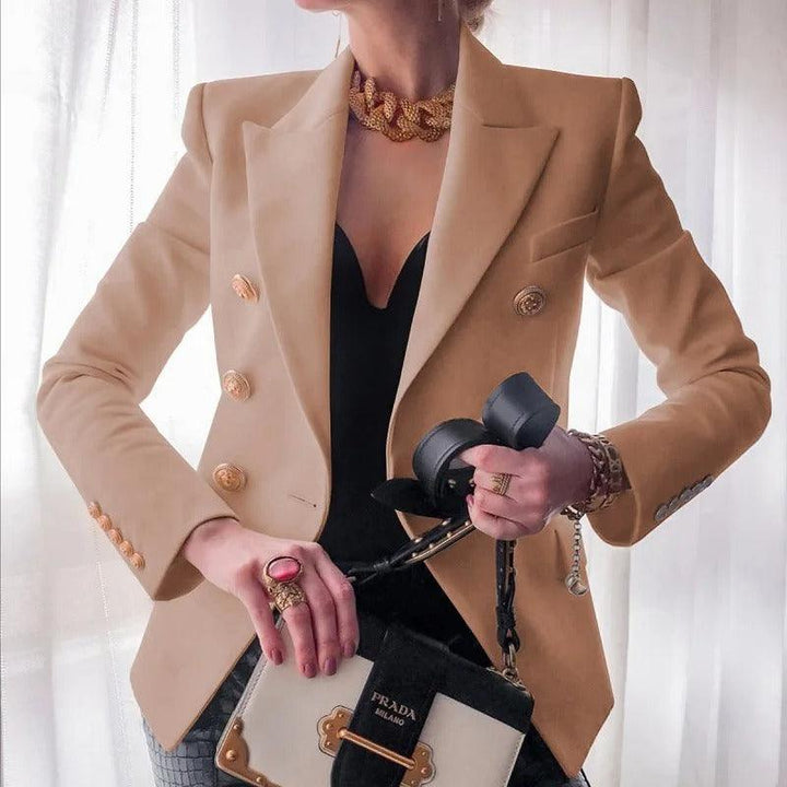 Classic brown double-breasted blazer for women. Smart formal wear & office fashion, a timeless elegant jacket.