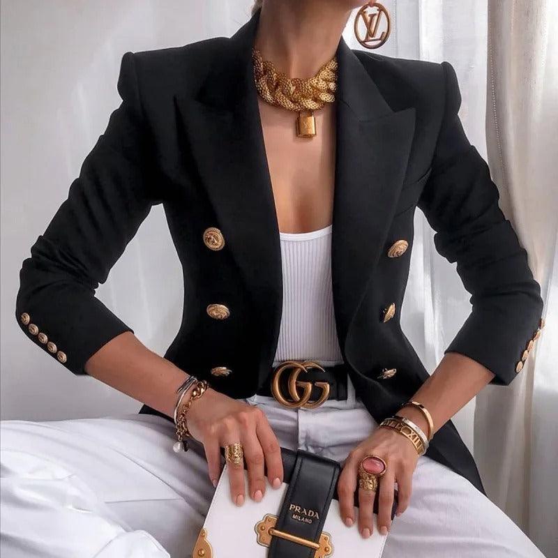 Stylish yellow double-breasted women's blazer. Elevate your business casual or formal look with this elegant jacket.
