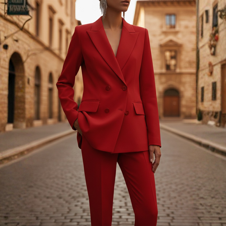 High-quality women's double-breasted blazer & straight leg pants suit, ideal for formal and professional attire.