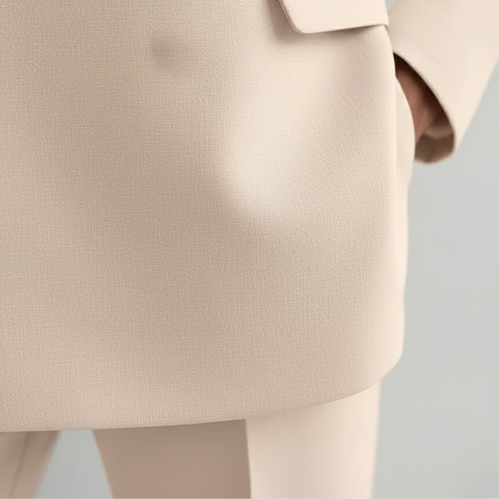 Formal women's double-breasted blazer and straight leg pants suit. Ideal professional wear or business outfit.