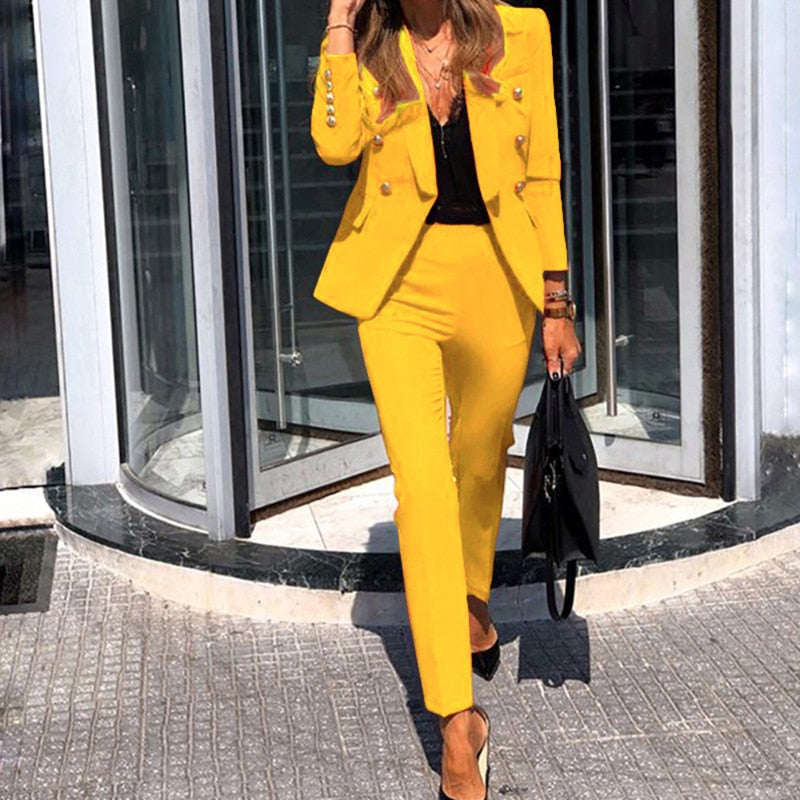 Elegant women's double-breasted blazer & tailored pant suit set for professional office attire.