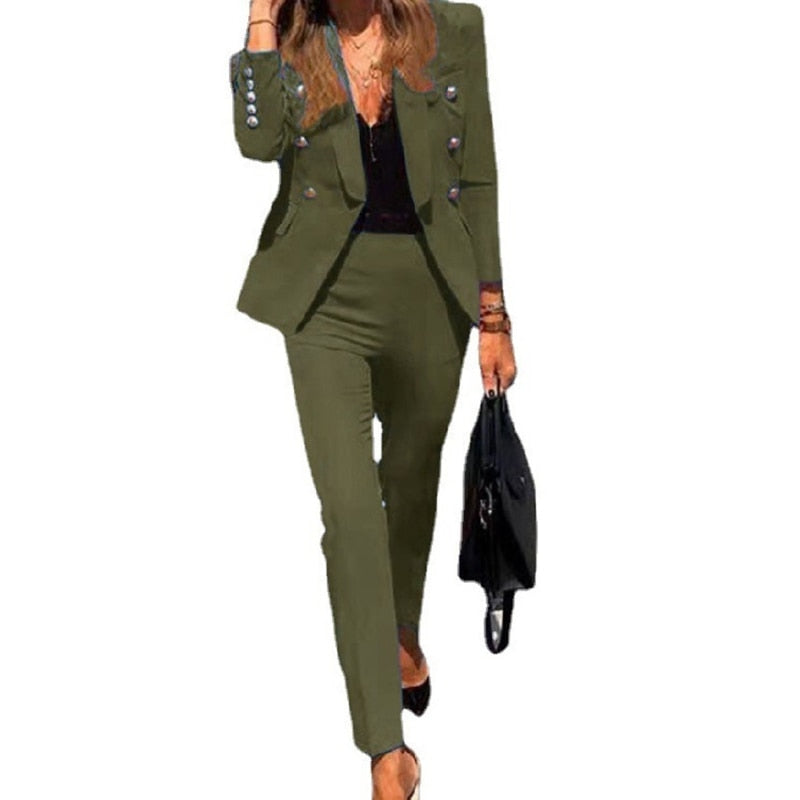 Modern women's elegant double-breasted blazer and tailored pant suit for a chic, comfortable look.