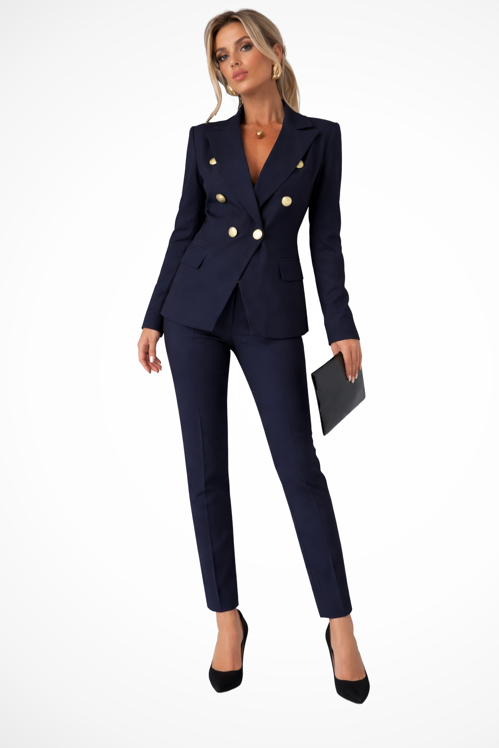 Formal women's elegant two-piece suit with a double-breasted blazer and flattering tailored pants.