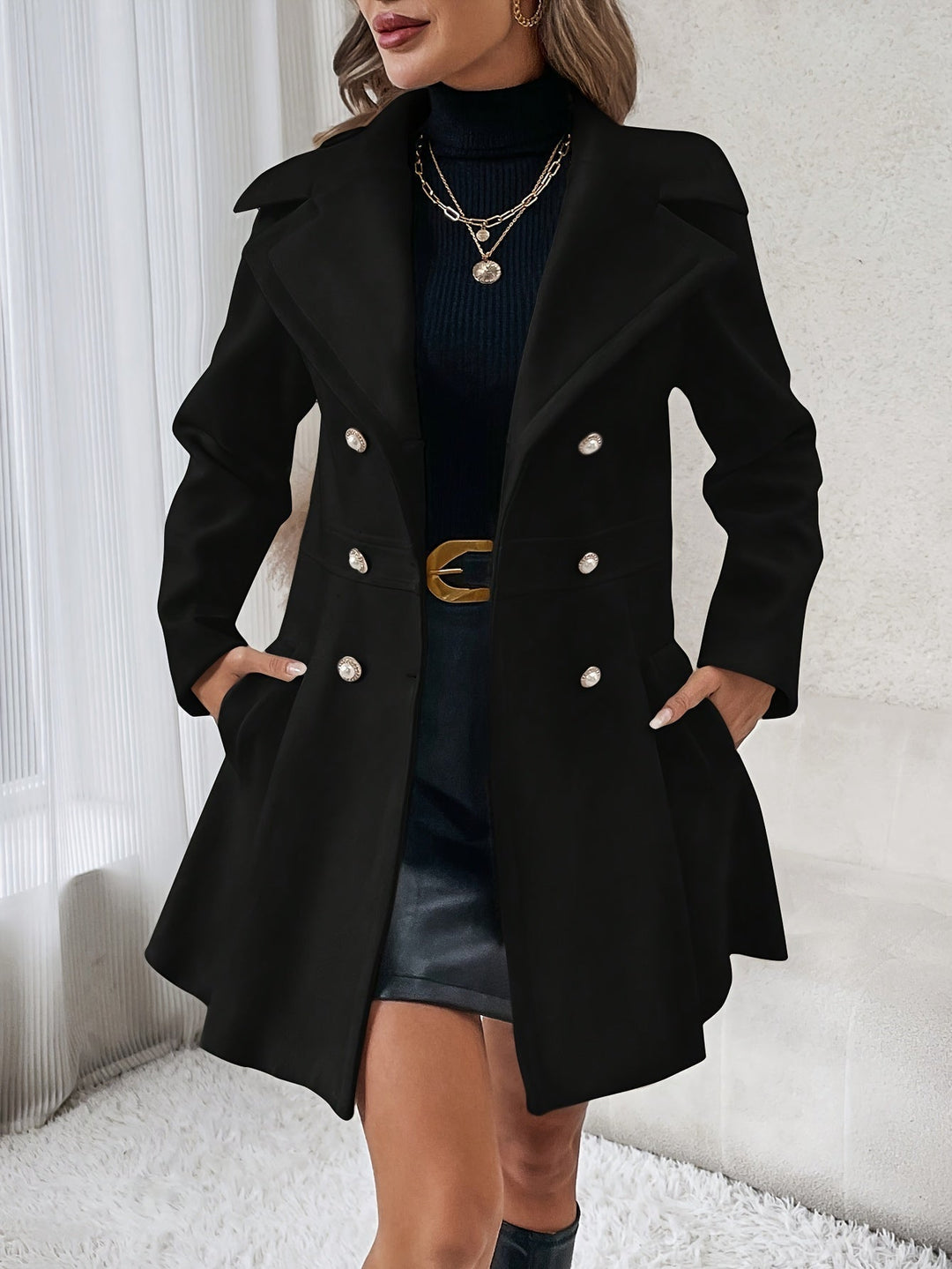 Stylish women's winter flare coat, double-breasted design, offering elegant warmth and a classic silhouette.