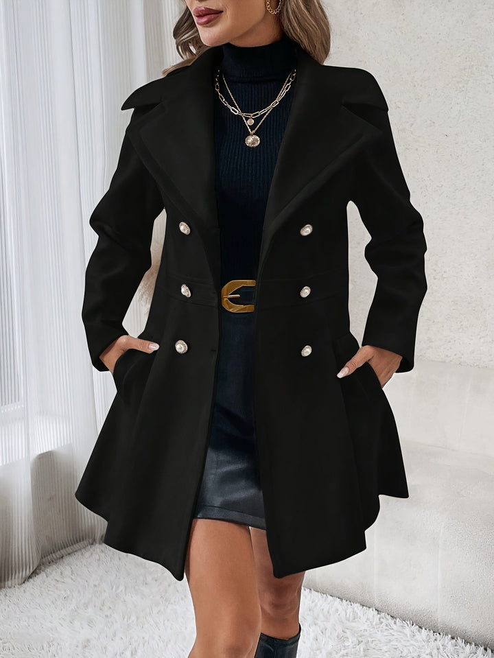 Stylish women's winter flare coat, double-breasted design, offering elegant warmth and a classic silhouette.