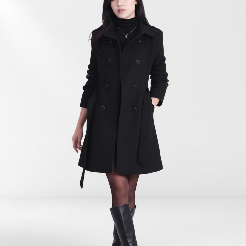 Stylish belted double-breasted coat for women, ideal for workwear or casual chic outfits