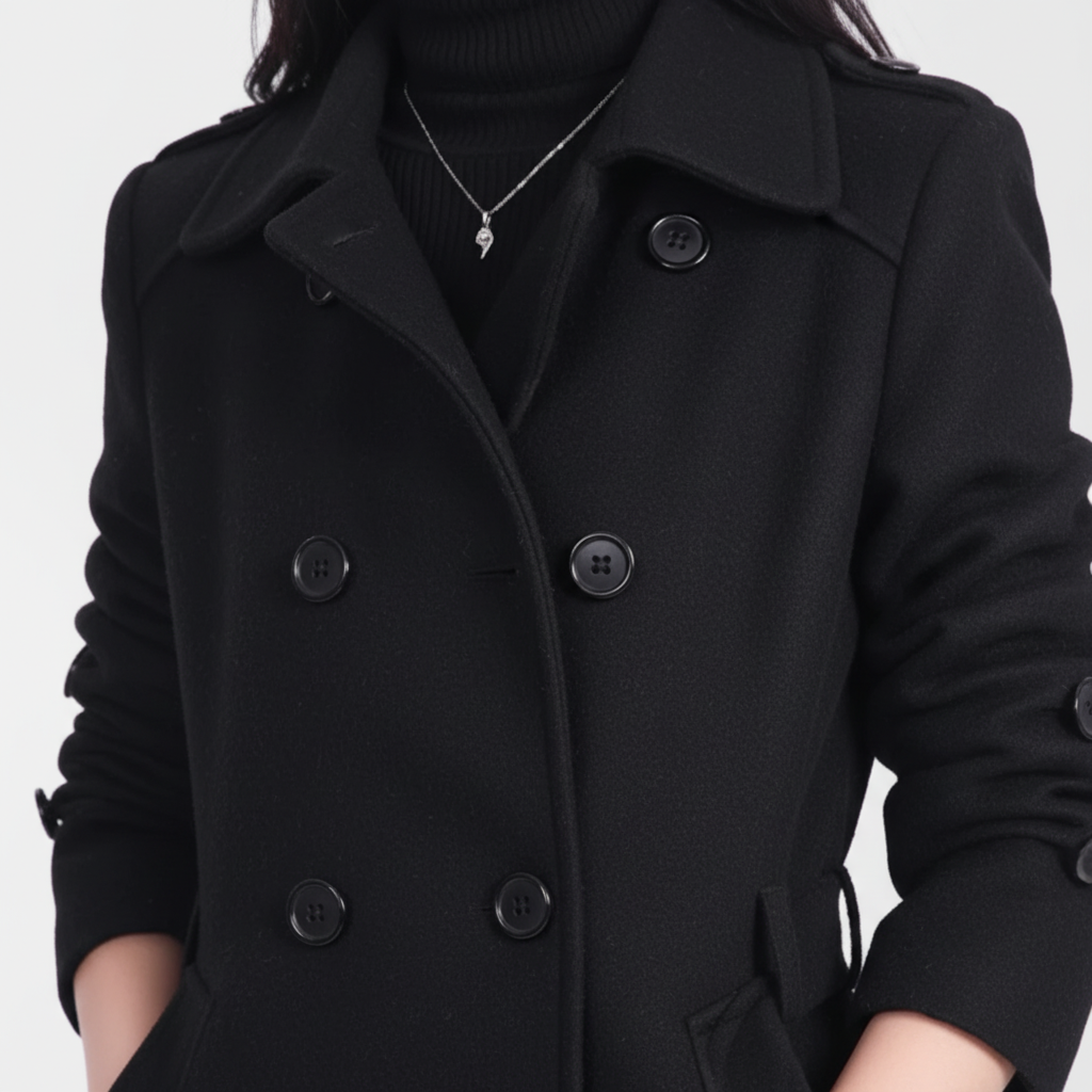Isabella women's elegant outerwear, a double-breasted long coat with a sophisticated belt