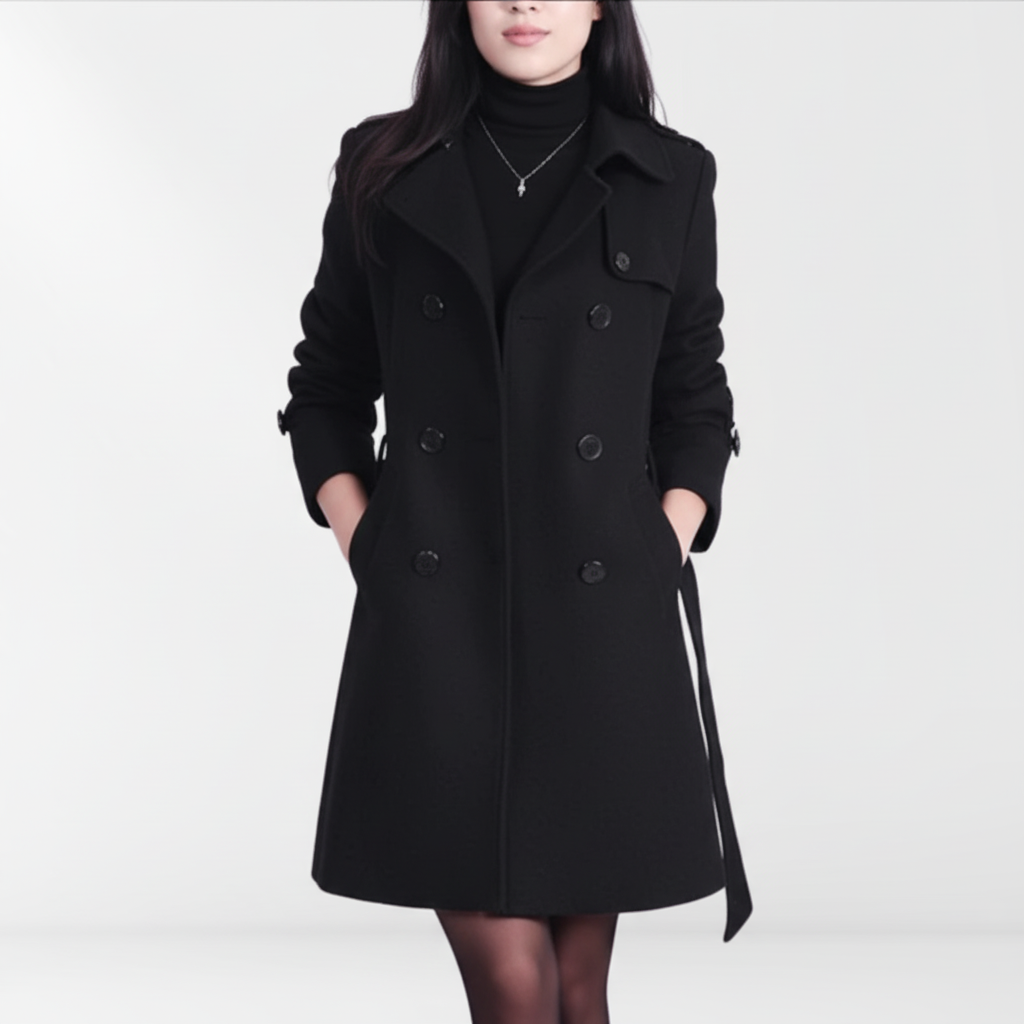 Fashionable women's double-breasted coat with belt, showcasing a classic autumn winter design