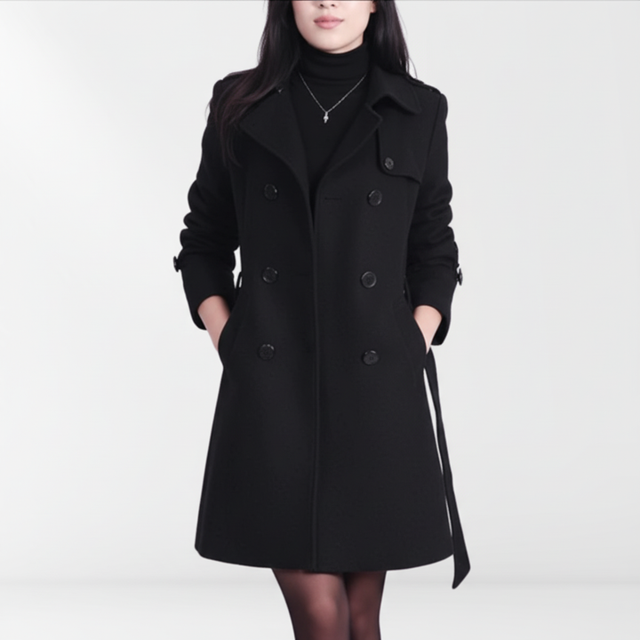 Fashionable women's double-breasted coat with belt, showcasing a classic autumn winter design