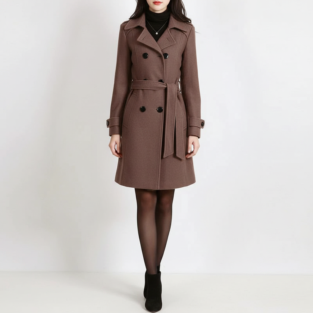 Sophisticated women's long coat, double-breasted and belted, a versatile piece for elegant style