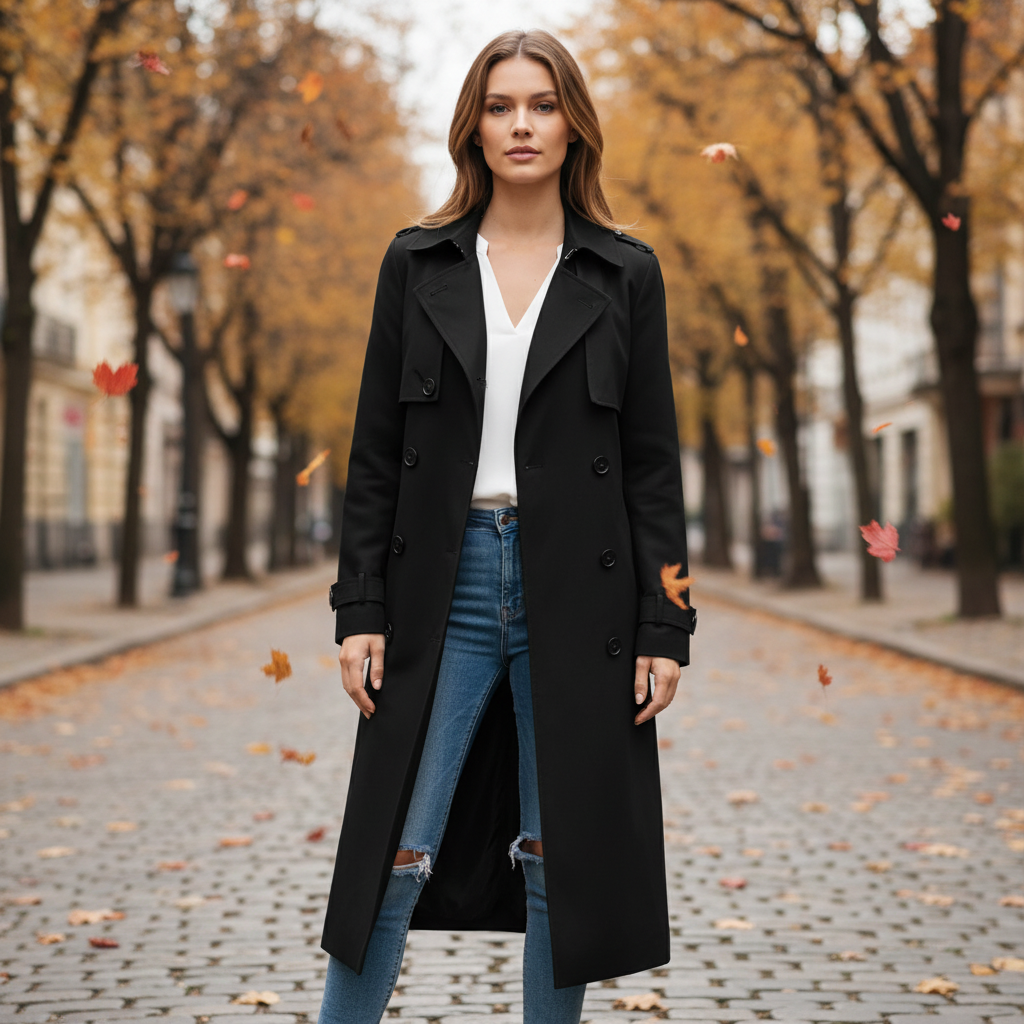 Elegant women's double-breasted long trench coat in classic beige, perfect for autumn outerwear