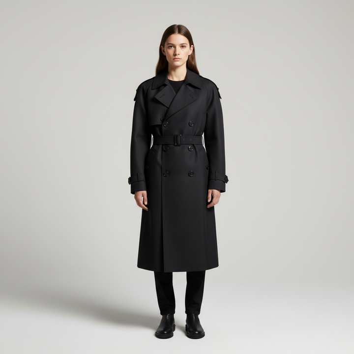 Fiona women's long trench coat, double-breasted design, ideal for elegant winter outerwear
