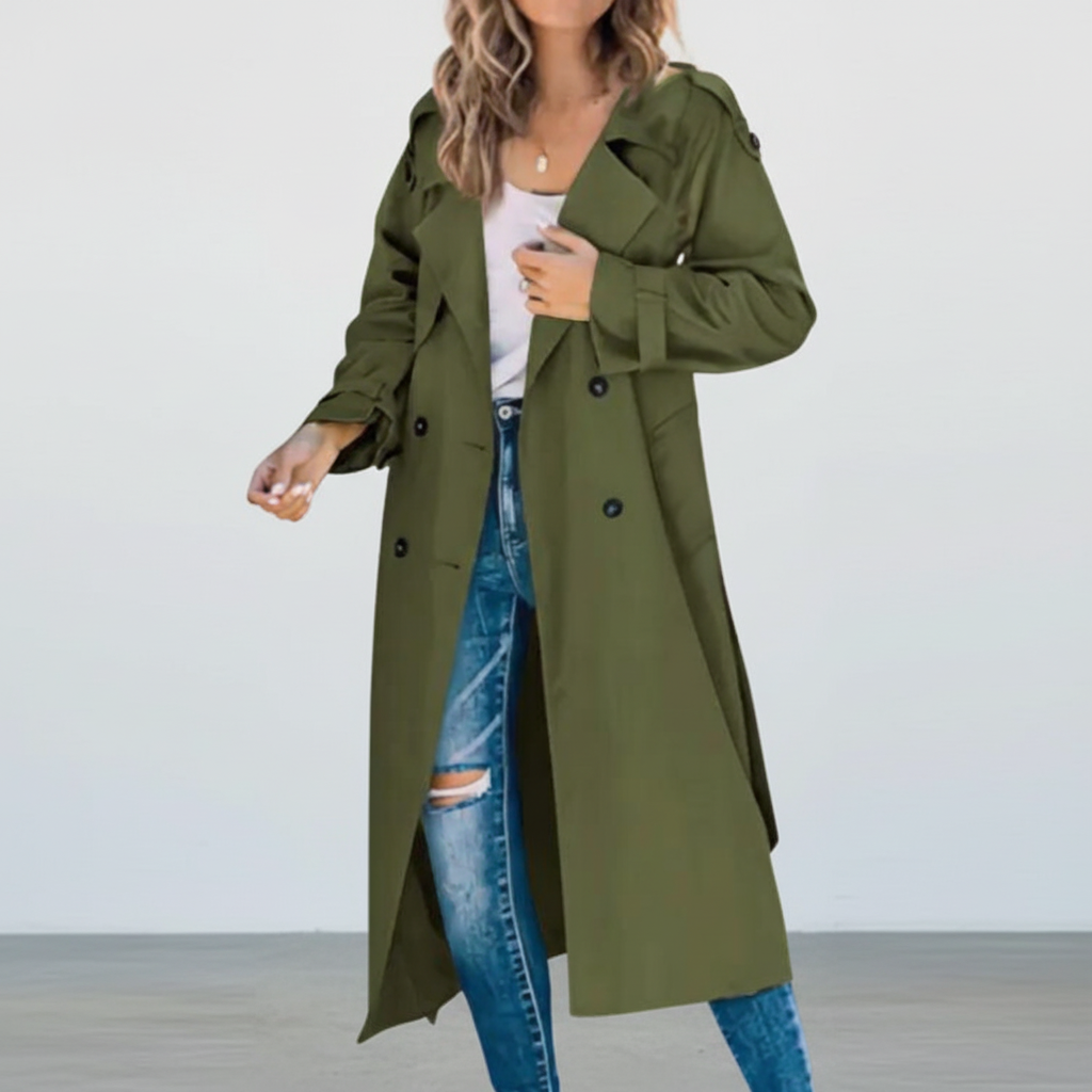 Winter women's classic double-breasted long trench coat, made from durable polyester cotton