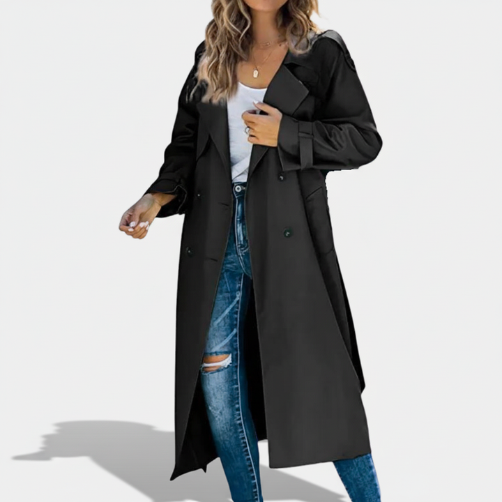 Elegant women's double-breasted long trench coat, a timeless piece of autumn and winter outerwear