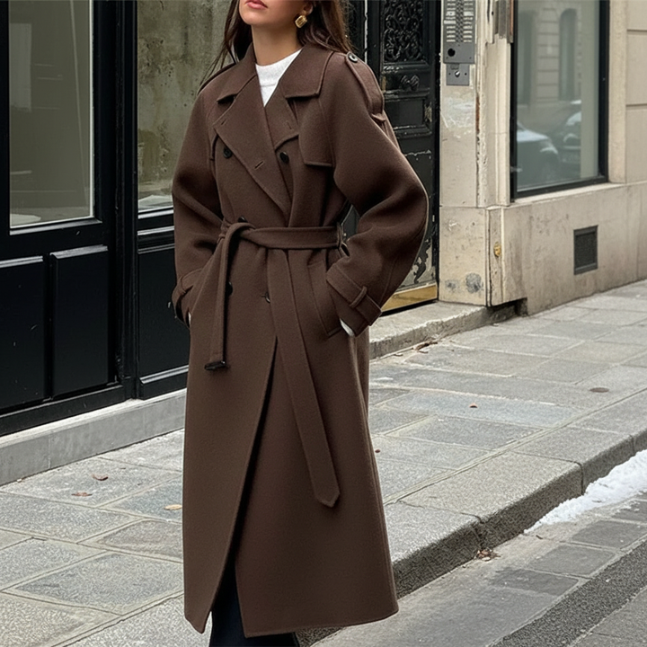 Elegant women's double-breasted maxi coat in black with a stylish belt, perfect for winter fashion and warmth