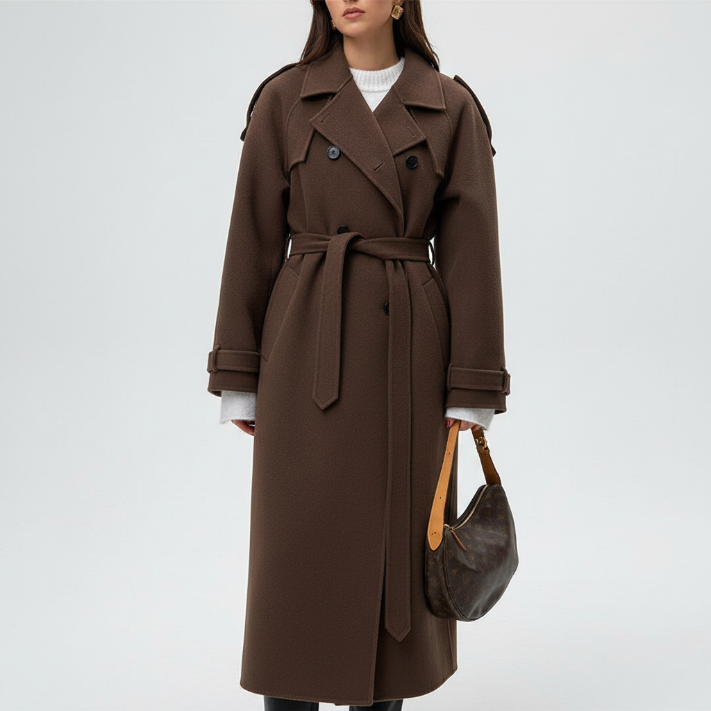 Tailored women's maxi coat, double-breasted design with a self-tie belt, ideal elegant winter outerwear for women