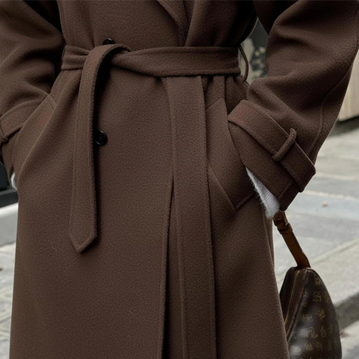 Warm double-breasted women's maxi coat with belt. A chic, elegant outerwear piece for cold weather fashion
