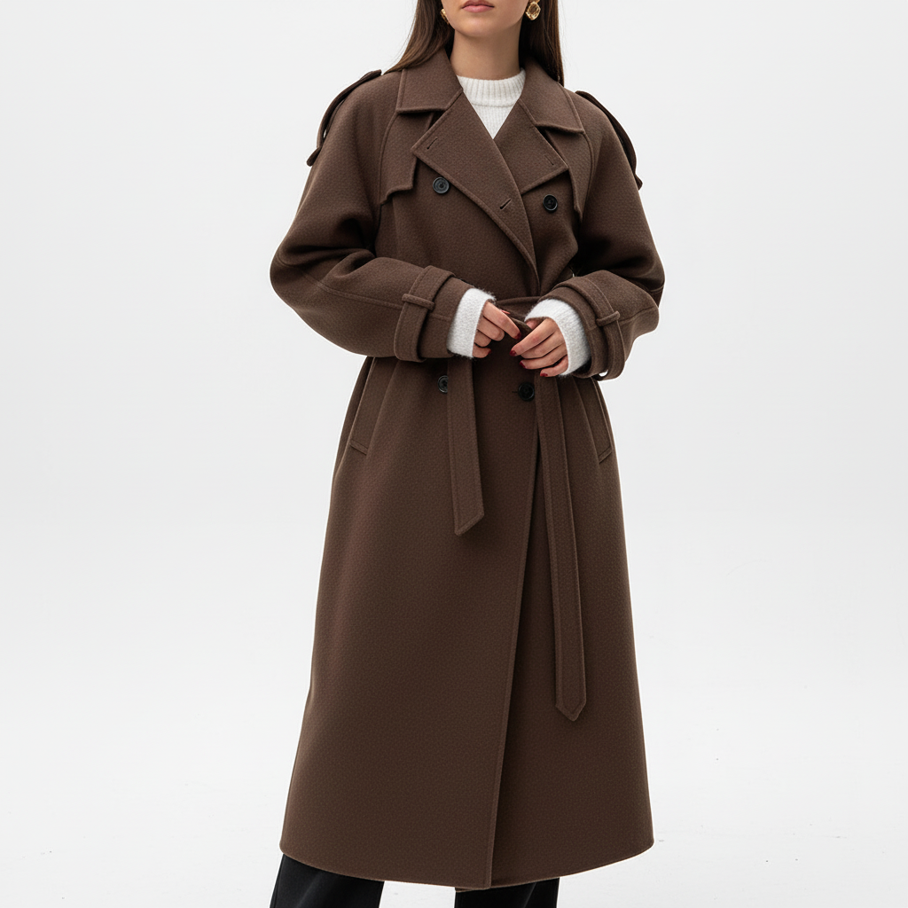 Fashionable women's belted maxi coat, elegant and warm double-breasted design for winter. Faye Mantel.